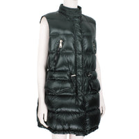 Moncler sleeveless long down jacket in a dark green tone