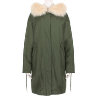 Yves Salomon parka in a khaki green finish with pale blush pink fur lined hood and body