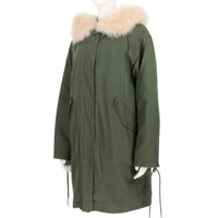 Yves Salomon parka in a khaki green finish with pale blush pink fur lined hood and body