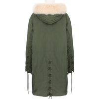 Yves Salomon parka in a khaki green finish with pale blush pink fur lined hood and body