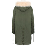 Yves Salomon parka in a khaki green finish with pale blush pink fur lined hood and body