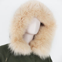 Yves Salomon parka in a khaki green finish with pale blush pink fur lined hood and body