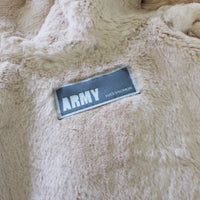 Yves Salomon parka in a khaki green finish with pale blush pink fur lined hood and body