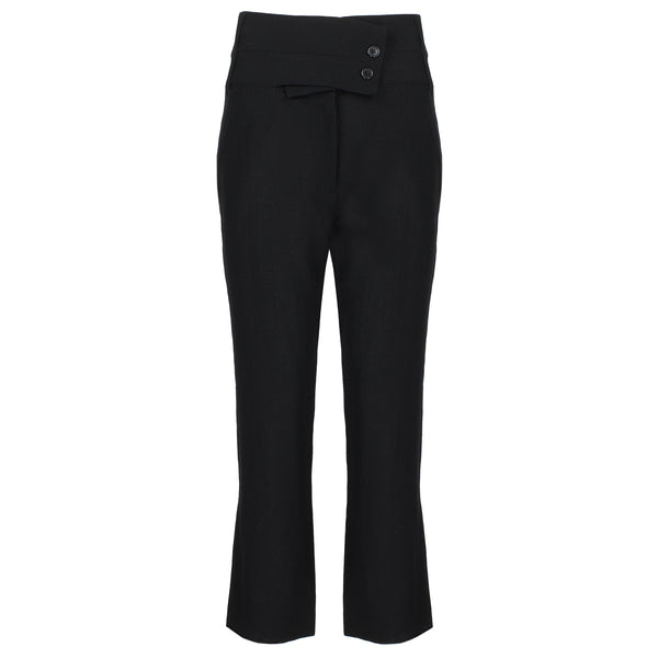 Ann Demeulermeester finely woven black wool trousers
High waisted trousers with crossover tab to waistline
Button fastening with gently tapered leg