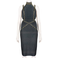 Herve Leger luxurious form fitting dress in a shimmering gunmetal tone
