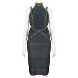 Herve Leger luxurious form fitting dress in a shimmering gunmetal tone