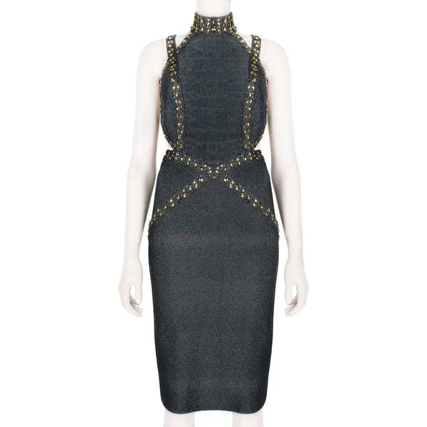 Herve Leger luxurious form fitting dress in a shimmering gunmetal tone