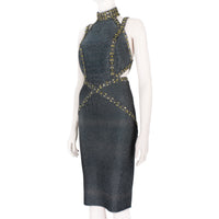 Herve Leger luxurious form fitting dress in a shimmering gunmetal tone