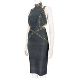 Herve Leger luxurious form fitting dress in a shimmering gunmetal tone