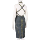 Herve Leger luxurious form fitting dress in a shimmering gunmetal tone