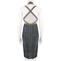 Herve Leger luxurious form fitting dress in a shimmering gunmetal tone