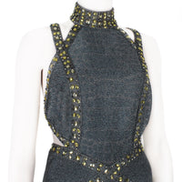 Herve Leger luxurious form fitting dress in a shimmering gunmetal tone
