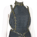 Herve Leger luxurious form fitting dress in a shimmering gunmetal tone
