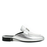 Hermes Trocadero mules in a metallic silver grained leather