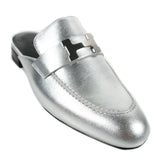 Hermes Trocadero mules in a metallic silver grained leather
