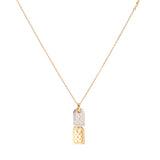 Two-tone Louis Vuitton Nanogram necklace featuring double engraved LV tags. Contrasting chain design with a wider rear chain and finer front chain. Ball-link detailing, lobster clasp fastening and subtle LV branding. Unisex style.