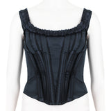 Prada black corset top with ruffle bust and pleated vertical details
