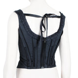 Prada black corset top with ruffle bust and pleated vertical details