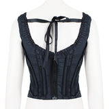 Prada black corset top with ruffle bust and pleated vertical details