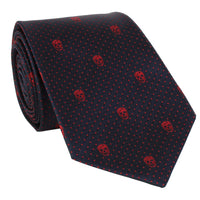 Alexander McQueen tie in a midnight blue and claret red skull and dot pattern silk