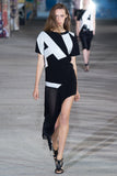 Anthony Vaccarello black white neoprene monogrammed mini dress with silk chiffon side train