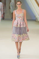 A runway collection Erdem dress in multicoloured floral jaquard with sheer pale grey voile overlay