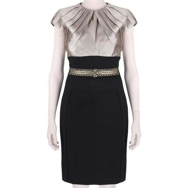 Monique Lhuillier elegant dress in contrasting black and nude blush pink satin