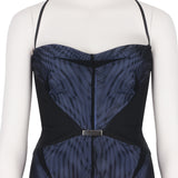 Marios Schwab luxurious layered mesh dress in black and lavender blue