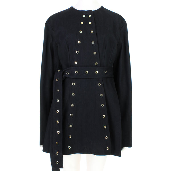 Ellery black cotton twill collarless jacket with eyelet detailing belted waist