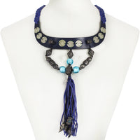 Henry Beguelin indigo and black leather collar necklace with turquoise glass beading and leather tassel pendant