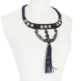 Henry Beguelin purple and dark brown leather collar necklace with purple glass beading and leather tassel pendant