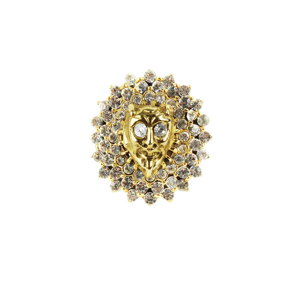 Tom Binns gold plated cocktail ring with devil and crystal detailing