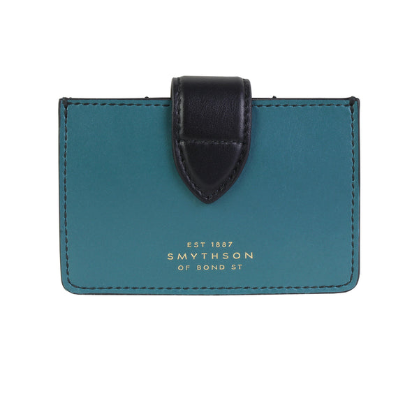 Smythson teal blue and black leather concertina card holder