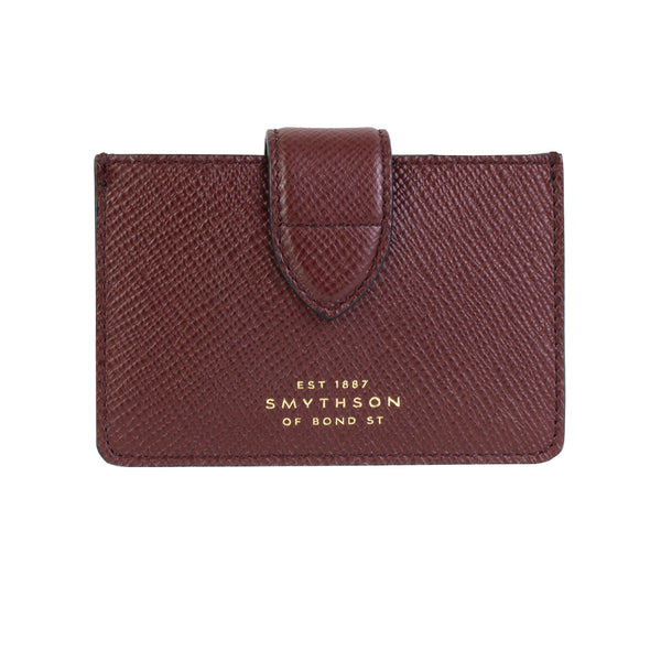 Smythson crossgrain Panama leather concertina card case in oxblood red