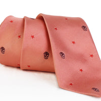 Alexander McQueen narrow silk tie in coral claret and red in a skull and star pattern