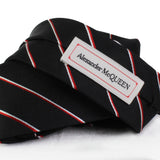 Alexander McQueen woven black silk tie in a red and white regimental stripe pattern