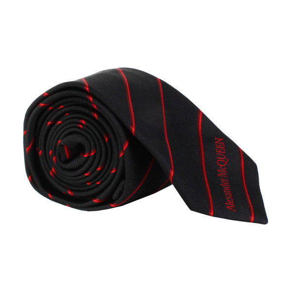 Alexander McQueen black and red silk narrow tie in a regimental stripe pattern