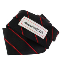 Alexander McQueen black and red silk narrow tie in a regimental stripe pattern