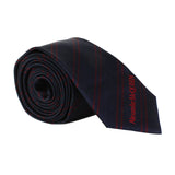 Alexander McQueen narrow silk tie in midnight blue with red regimental stripe pattern
