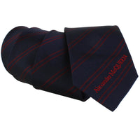 Alexander McQueen narrow silk tie in midnight blue with red regimental stripe pattern