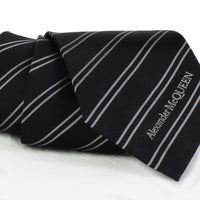 Alexander McQueen black silk tie with grey regimental stripe pattern