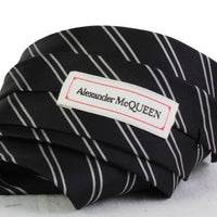 Alexander McQueen black silk tie with grey regimental stripe pattern