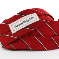 Alexander McQueen narrow red silk tie in a black and white regimental stripe pattern