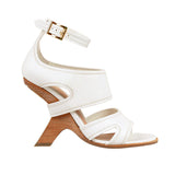 Alexander McQueen cantilever heels in ivory white with gold tone hardware and wooden sole