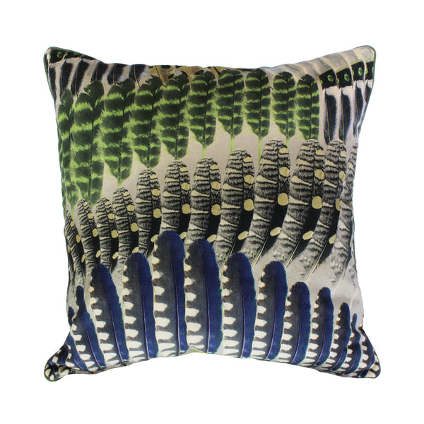 Luxurious cushion in Prête-Moi Ta Plume fabric by Christian Lacroix Maison Velvet feather patterned front with felted wool back in marl grey Twill piped edging in khaki green Zip fastening to back Feather filled cushion pad