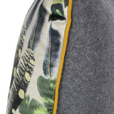 Luxurious cushion in Prête-Moi Ta Plume fabric by Christian Lacroix Maison Velvet feather patterned front with felted wool back in marl grey Twill piped edging in mustard yellow Zip fastening to back Feather filled cushion pad