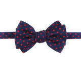 Alexander McQueen bow tie in a navy blue and red polka dot pattern silk