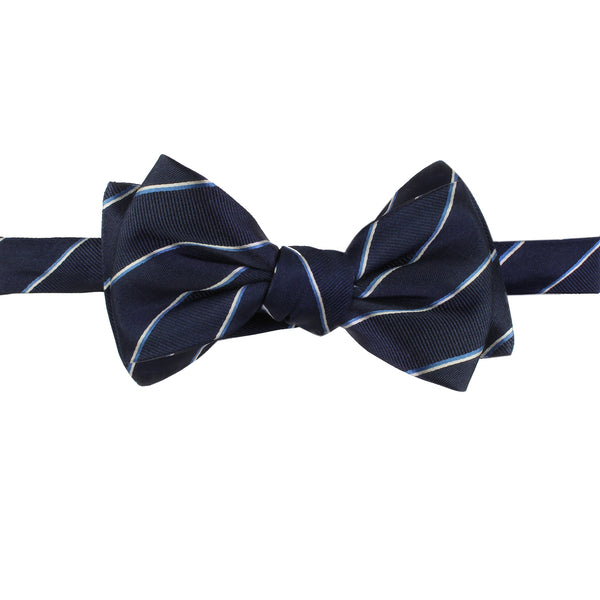 Alexander McQueen woven silk bow tie in a regimental stripe pattern navy blue white