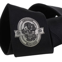 Alexander McQueen black twill silk tie with grey serpent and skull detailing