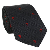 Alexander McQueen silk tie in a charcoal grey and red prince of Wales check and skull pattern
